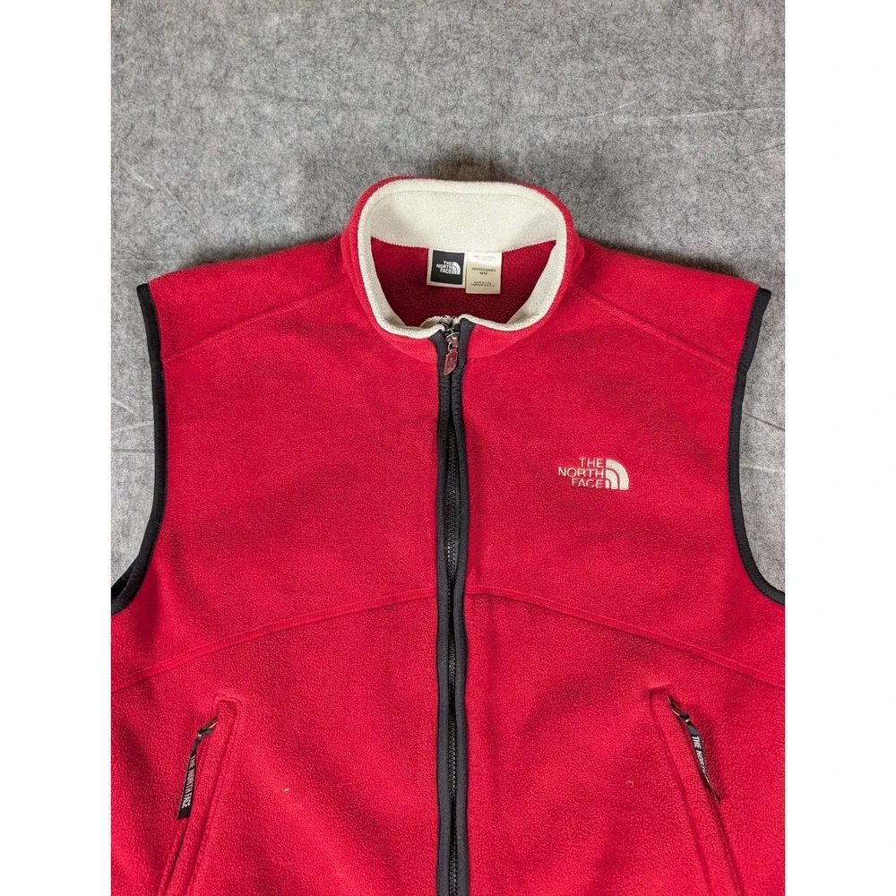 The North Face Mens Full Zip Fleece Vest Red Cream Made in USA Mock Neck M